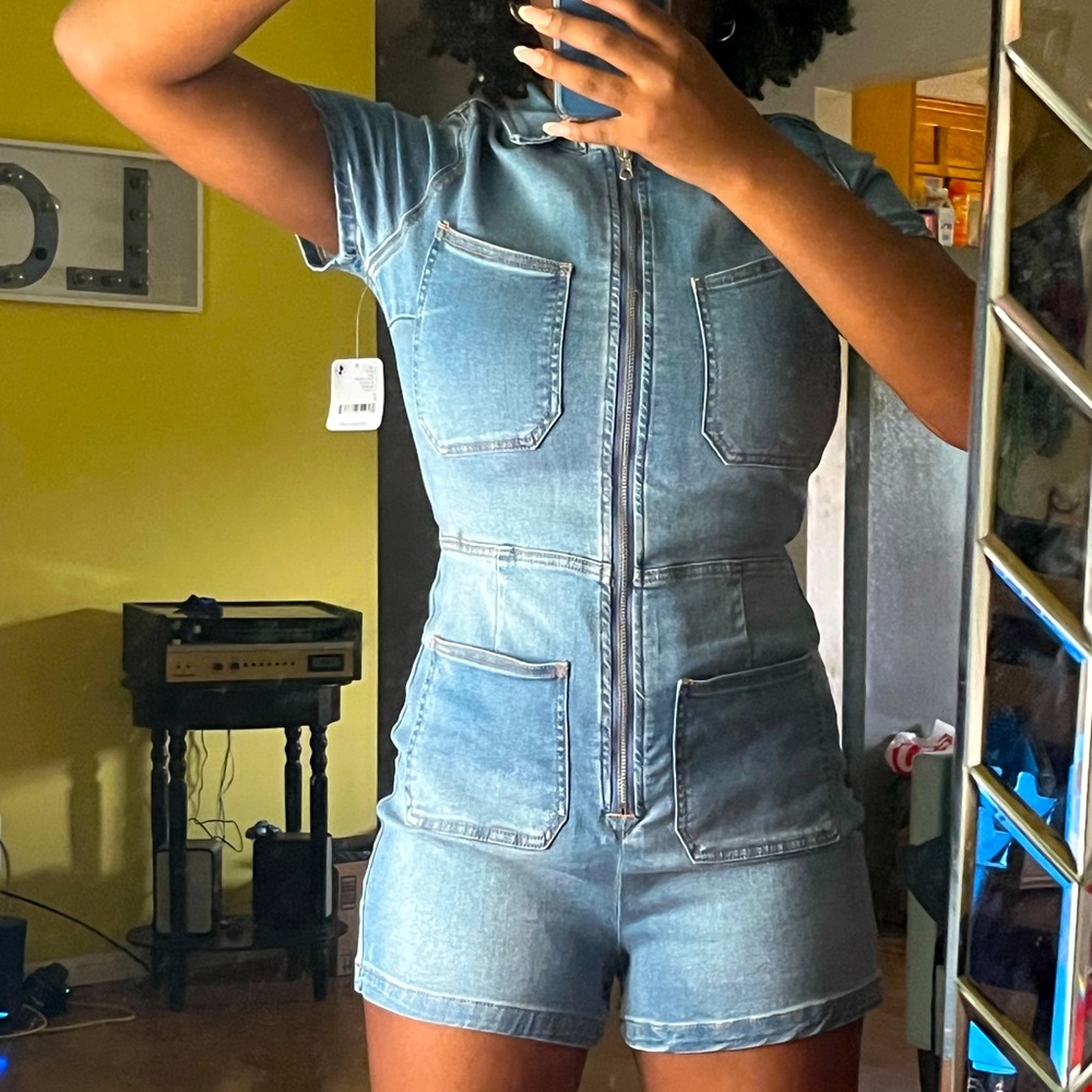 CRVY Lennox Shortsuit from Free People
Denim zip up romper